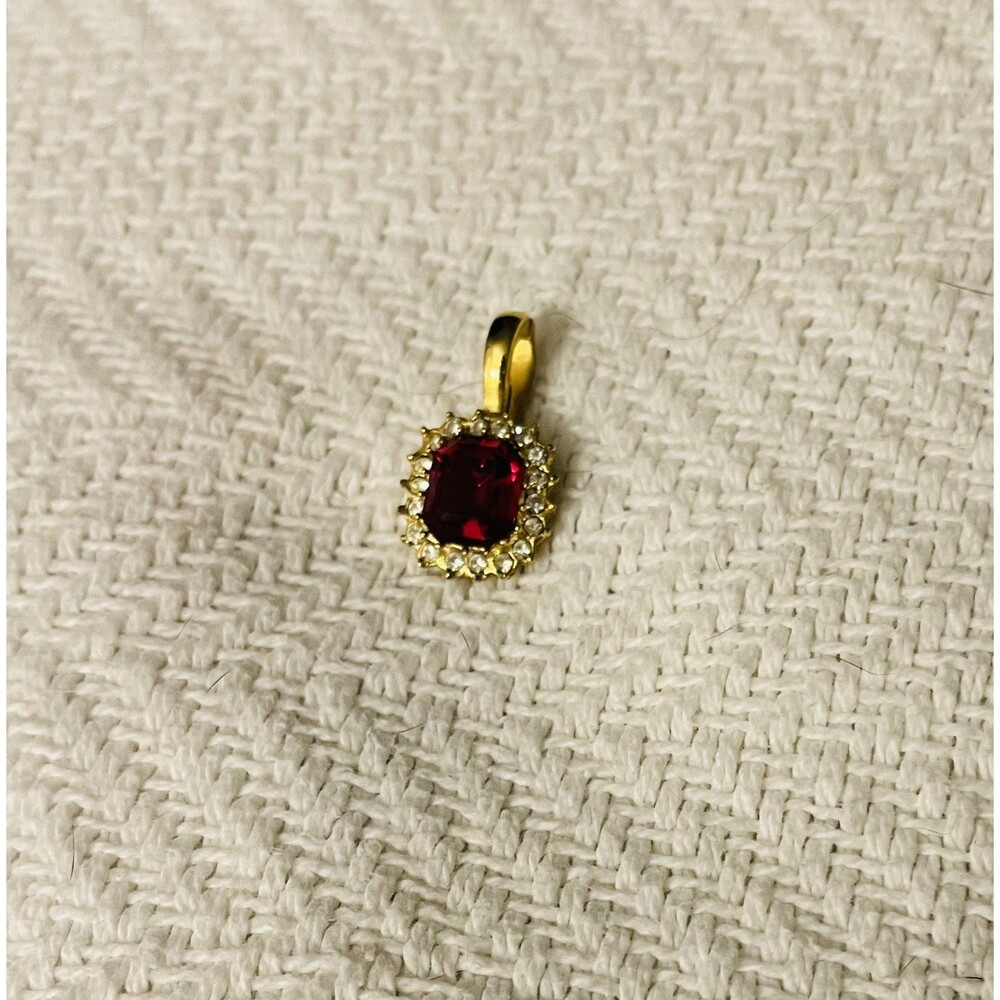 Vintage Pendant Emerald Cut Ruby Red Stamp Roman Gold Tone Crystal Halo